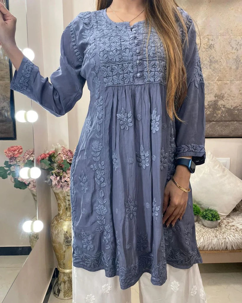 Blue Rayon Cotton Chikankari Kurta With Palazzo