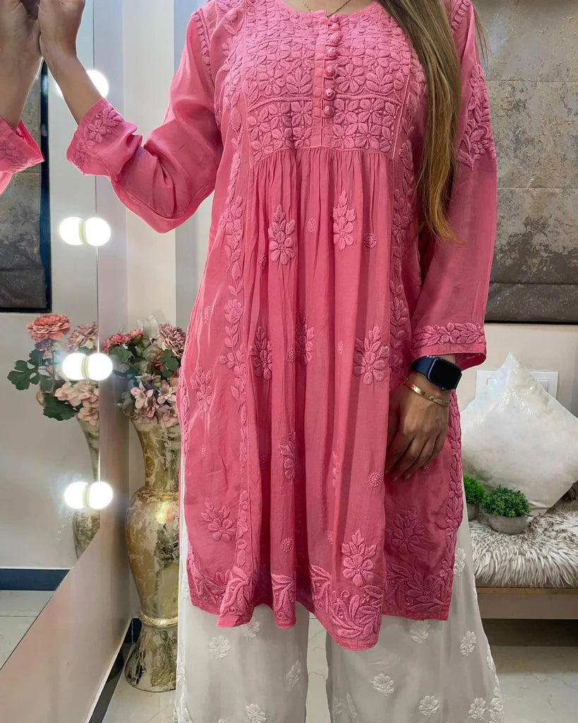 Gajri Pink Rayon Cotton Chikankari Kurta With Palazzo