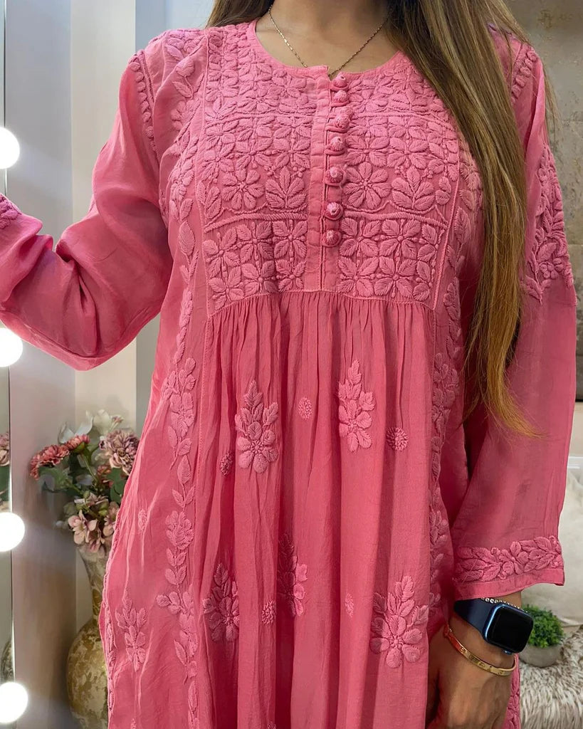 Gajri Pink Rayon Cotton Chikankari Kurta With Palazzo