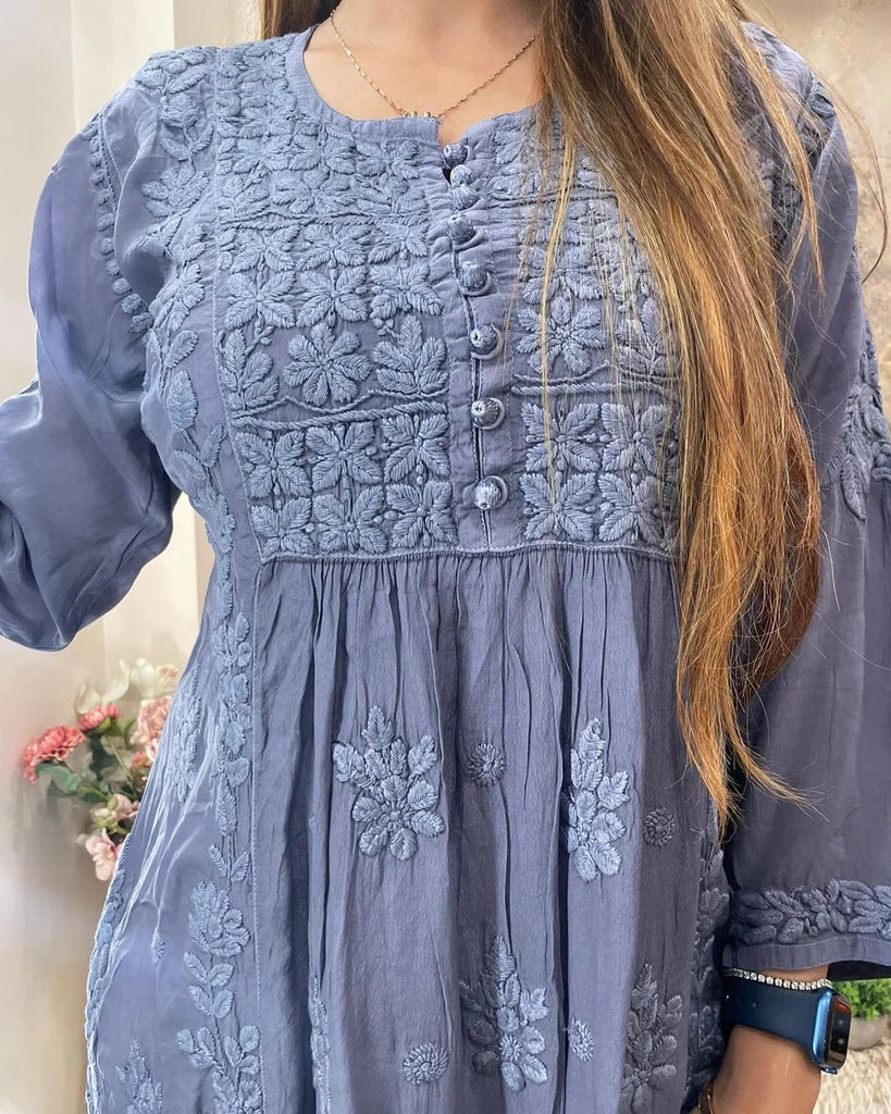 Blue Rayon Cotton Chikankari Kurta With Palazzo