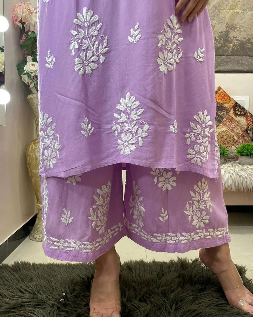 Purple Rayon Cotton Chikankari Kurta With Palazzo