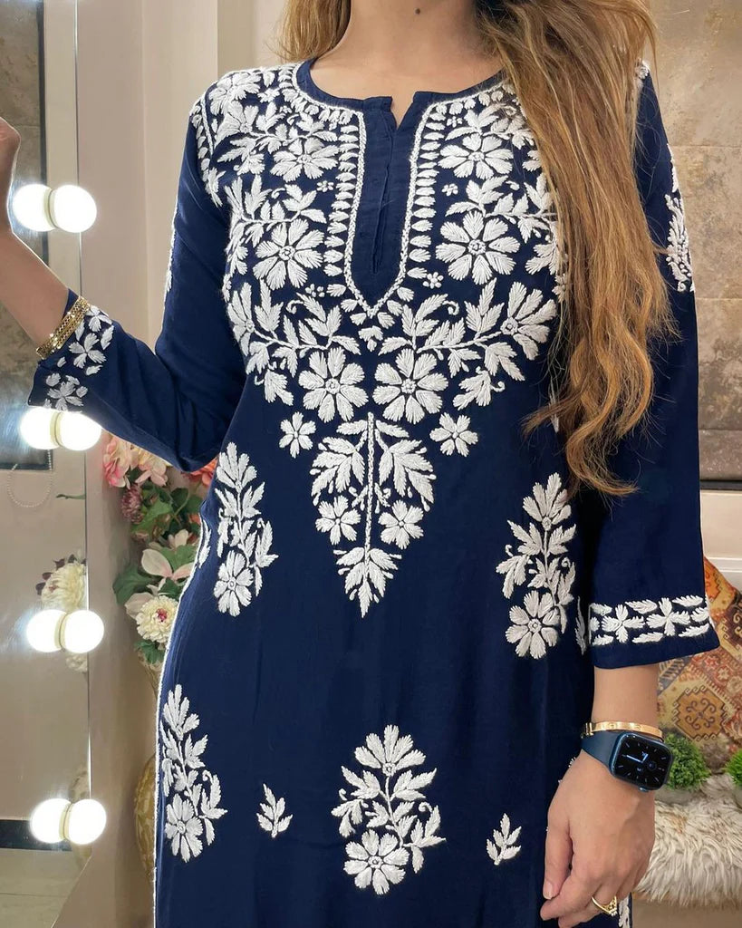 Navy Blue Rayon Cotton Chikankari Kurta With Palazzo