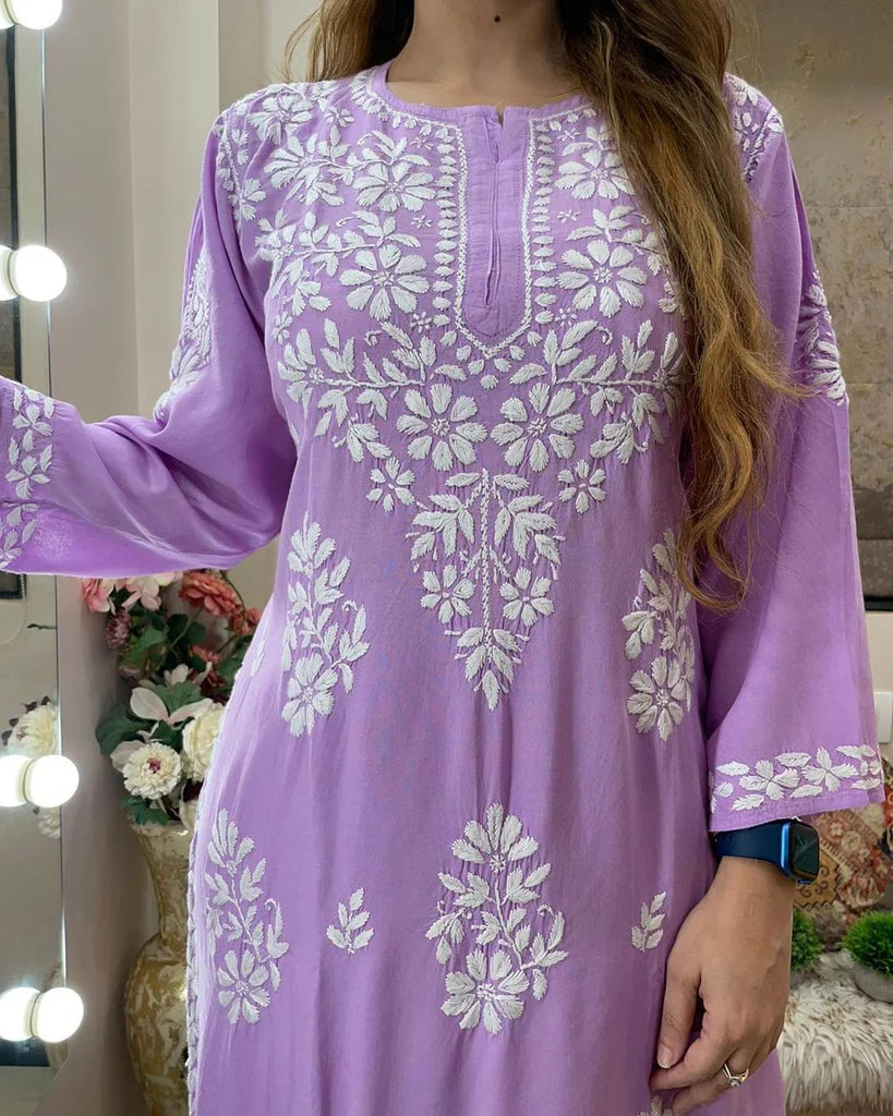 Purple Rayon Cotton Chikankari Kurta With Palazzo