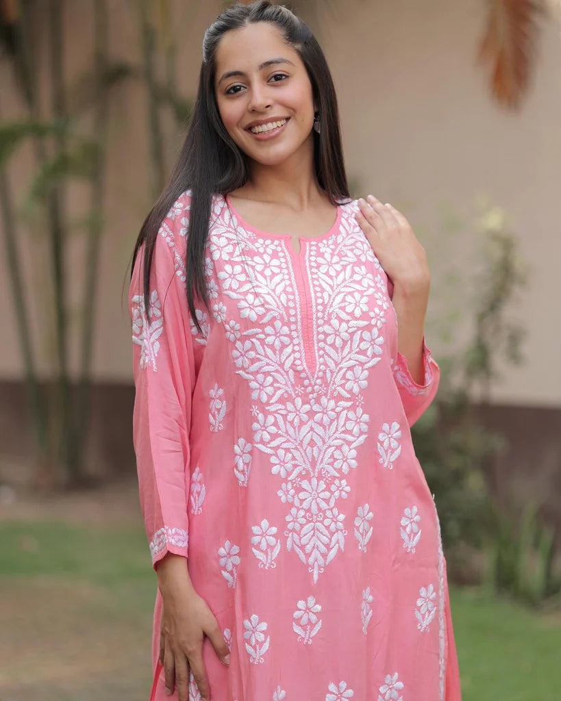 Peach Rayon Cotton Chikankari Kurta With Palazzo