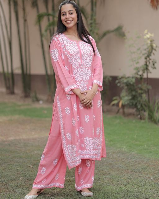 Peach Rayon Cotton Chikankari Kurta With Palazzo