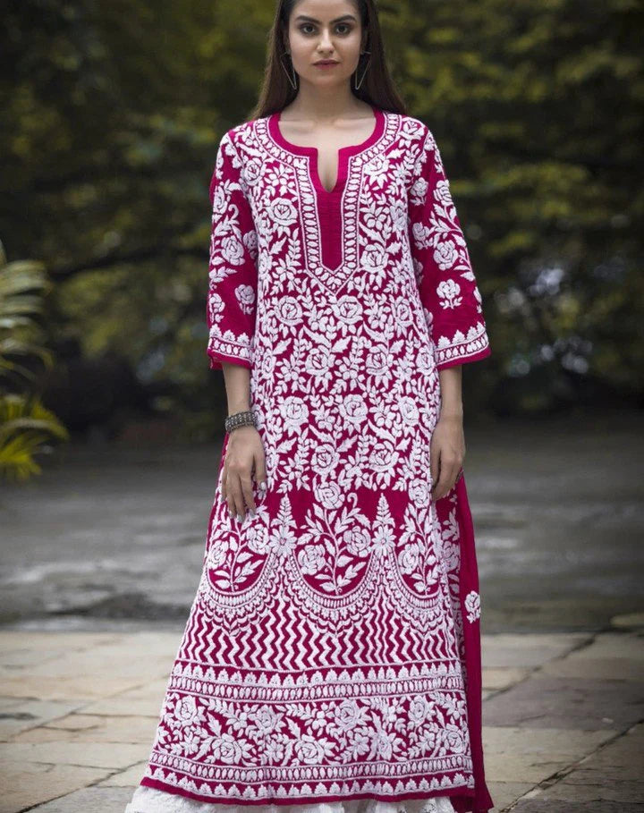 Pink Rayon Cotton Chikankari Kurta With Palazzo