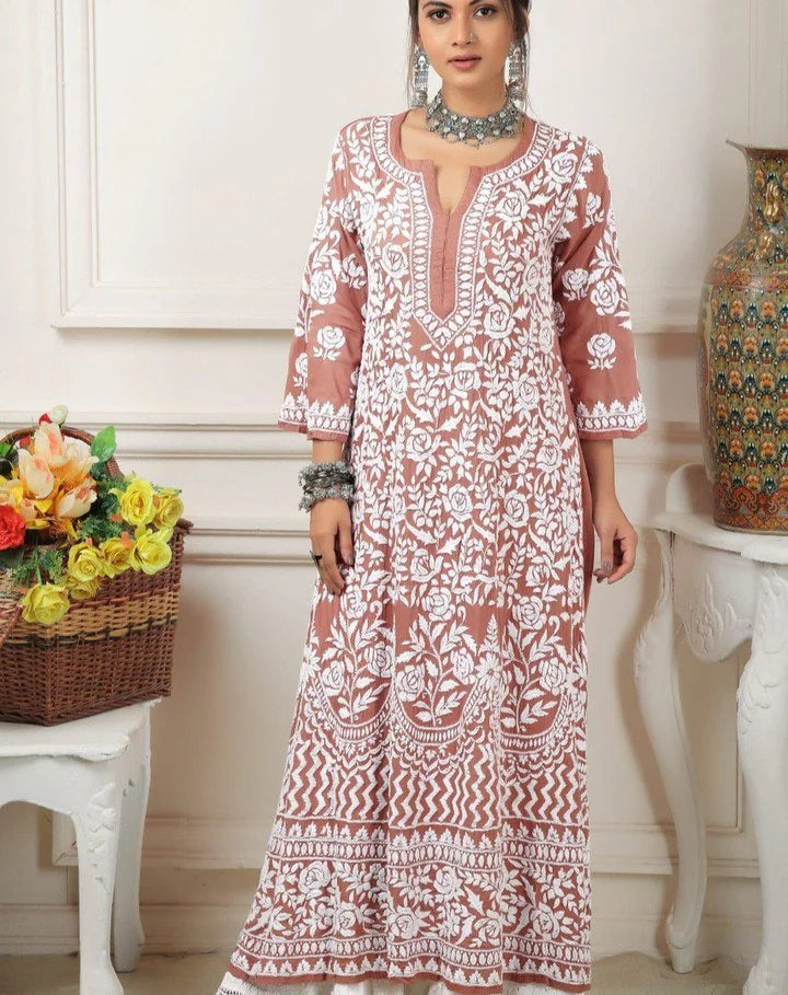 Peach Rayon Cotton Chikankari Kurta With Palazzo