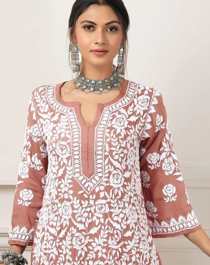 Peach Rayon Cotton Chikankari Kurta With Palazzo