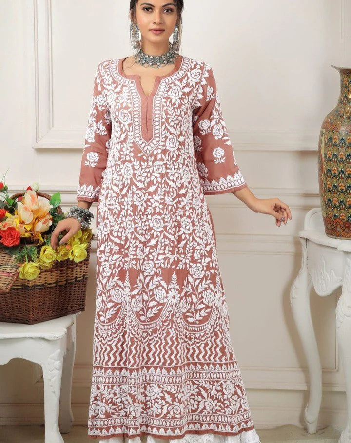 Peach Rayon Cotton Chikankari Kurta With Palazzo