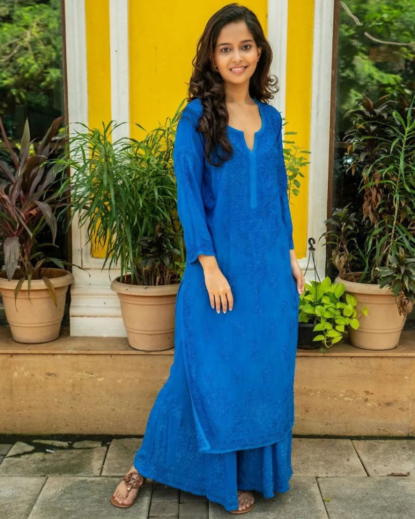 Blue Rayon Cotton Chikankari Kurta With Palazzo