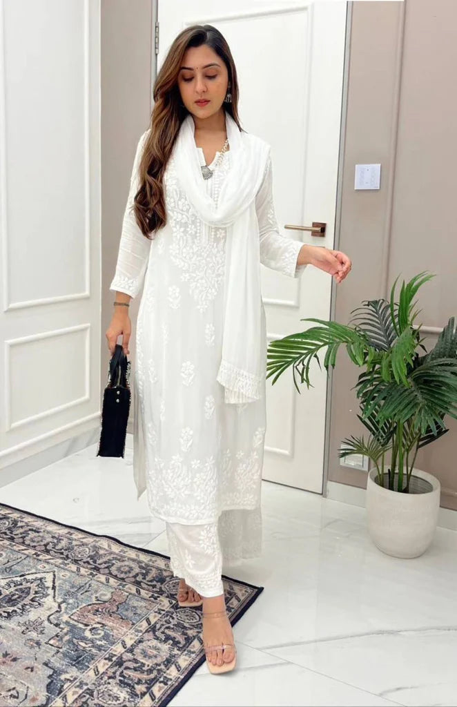 White Rayon Cotton Chikankari Kurta With Palazzo And Dupatta