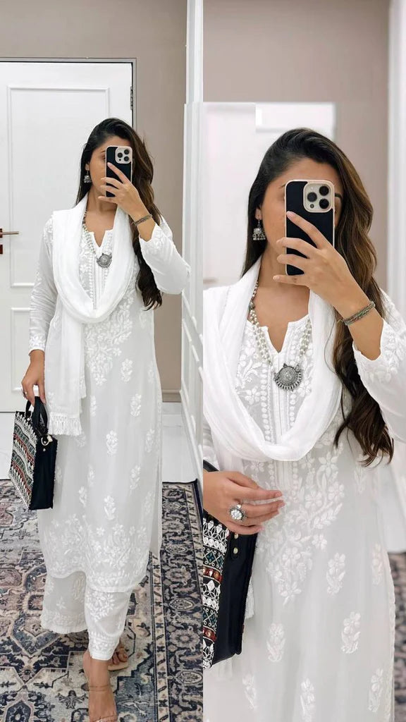 White Rayon Cotton Chikankari Kurta With Palazzo And Dupatta