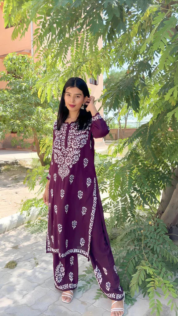 Rayon Cotton Chikankari Kurta With Palazzo Set