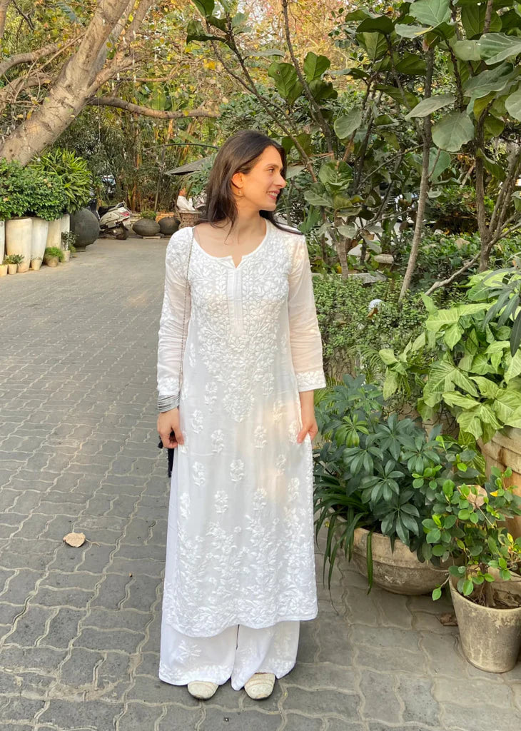 White Rayon Cotton Chikankari Kurta With Palazzo