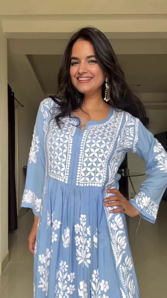 Powder Blue Rayon Cotton Chikankari Kurta with Pant