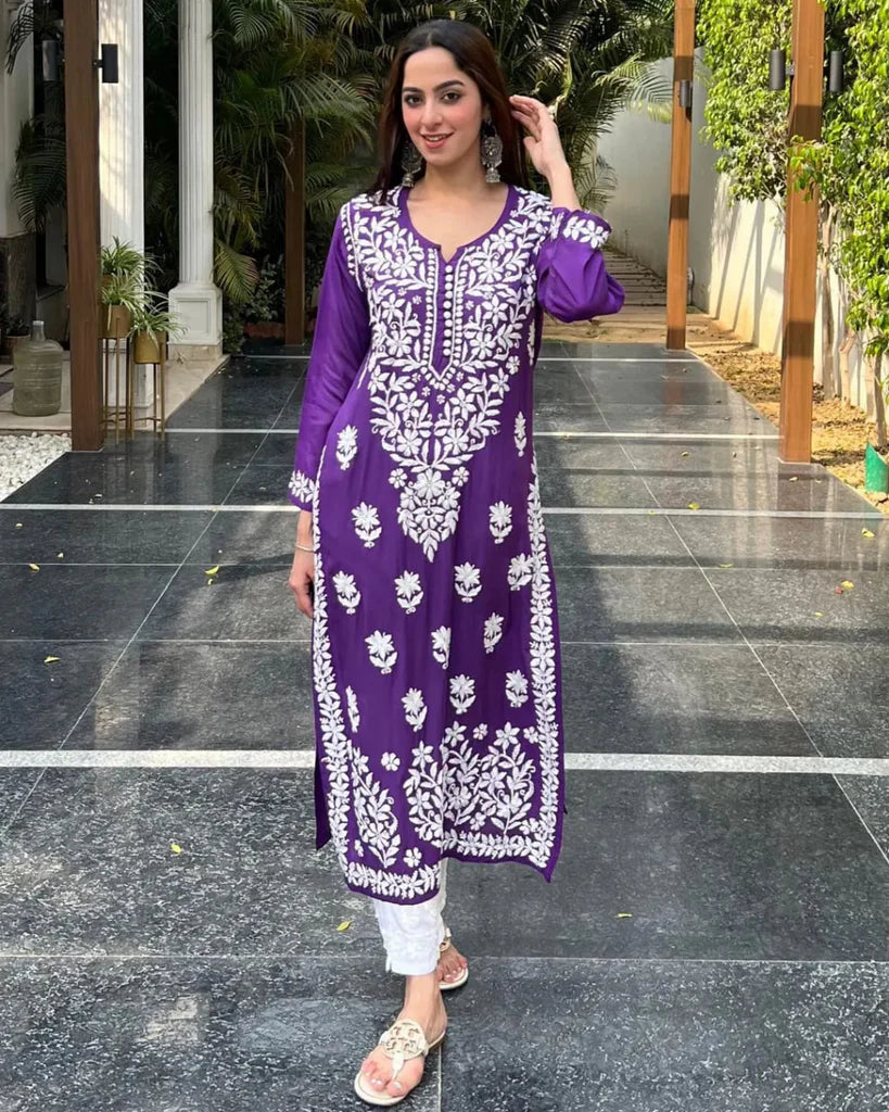 Purple Rayon Cotton Chikankari Kurta With Pant