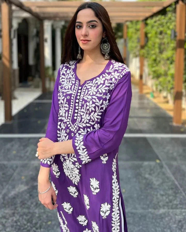 Purple Rayon Cotton Chikankari Kurta With Pant