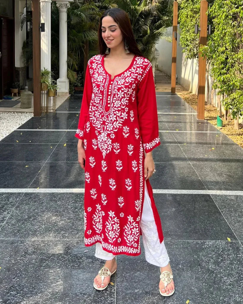 Red Rayon Cotton Chikankari Kurta With Pant