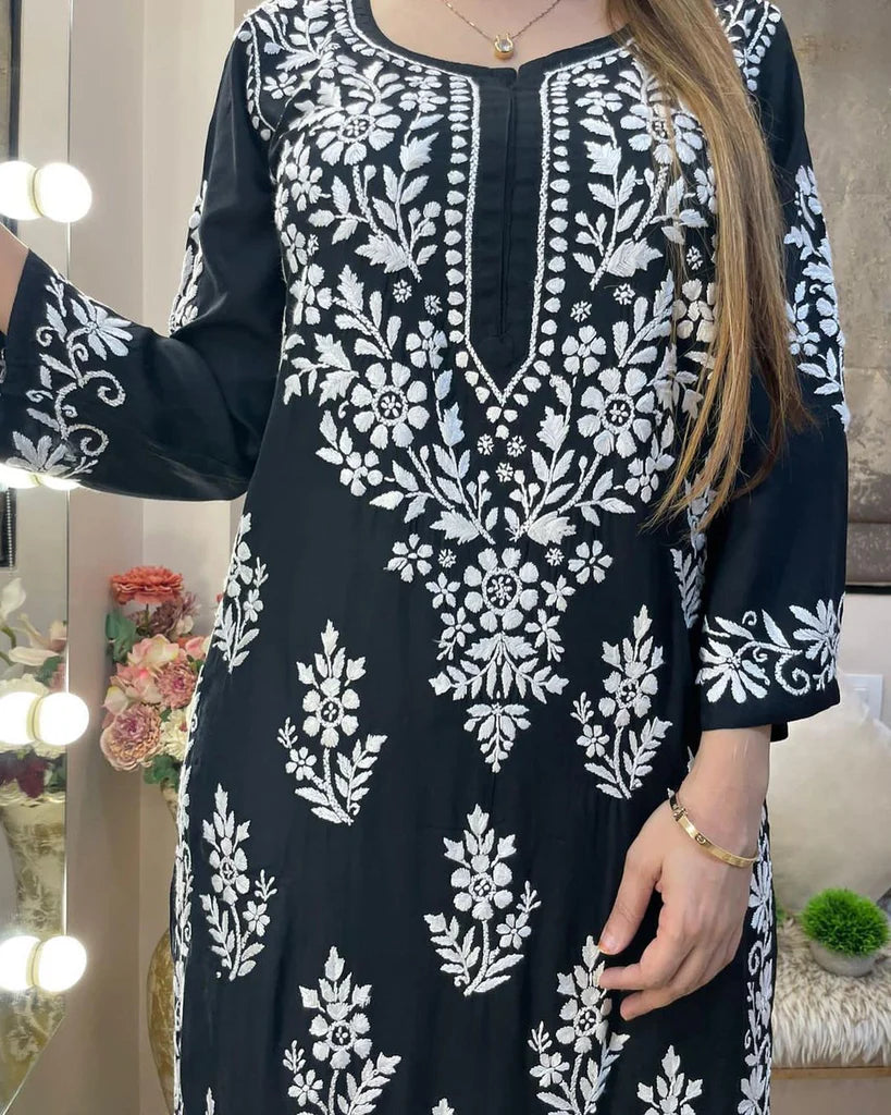 Black Rayon Cotton Chikankari Embroidery Work Kurti With Pant