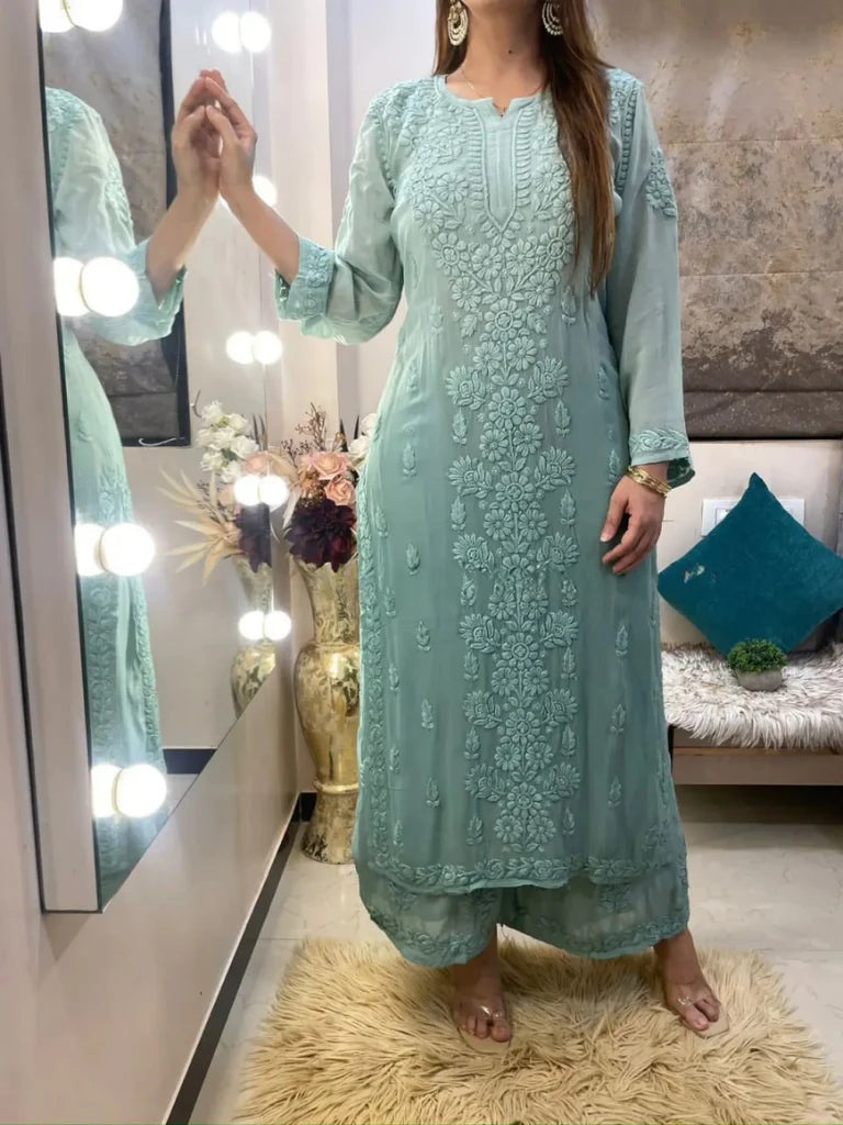 Viscose Georgette Chikankari Kurta With Palazzo Set