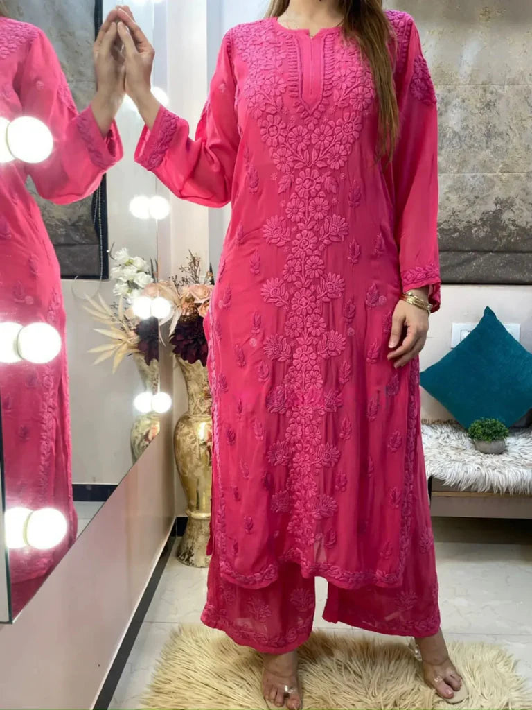 Viscose Georgette Chikankari Kurta With Palazzo Set