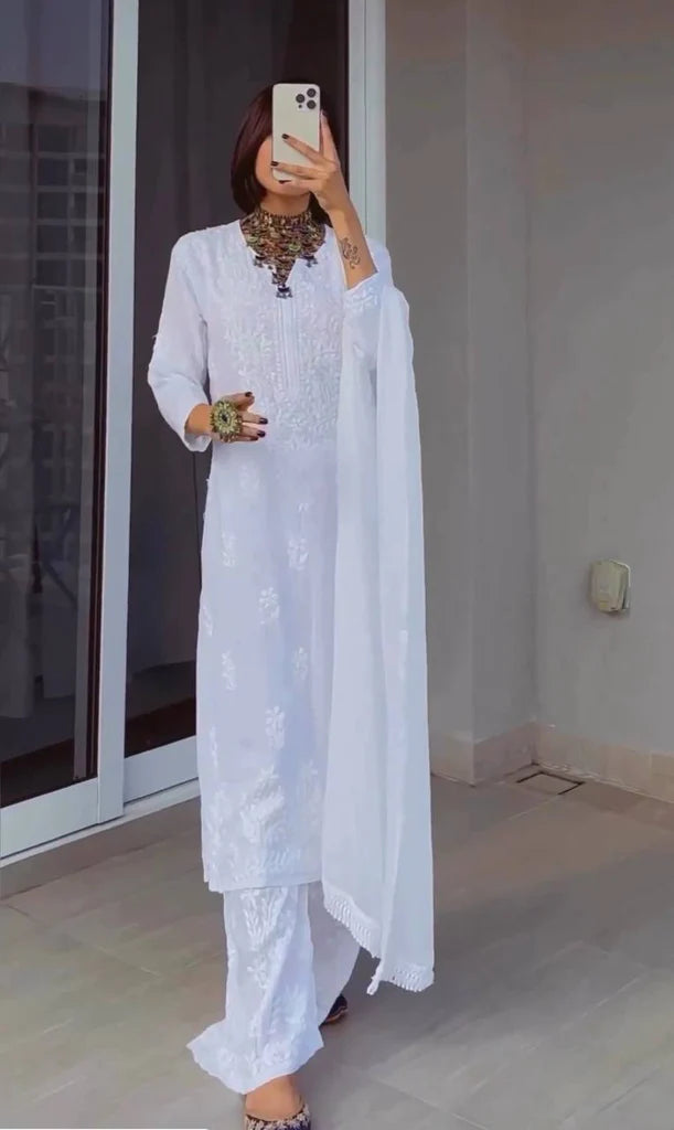 White Rayon Cotton Chikankari Kurta With Palazzo