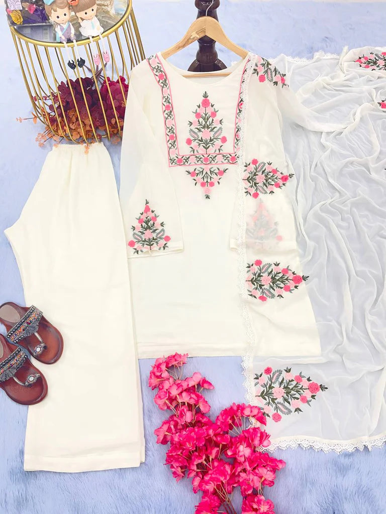 White Faux Georgette Embroidery Work Top Bottom With Dupatta Set