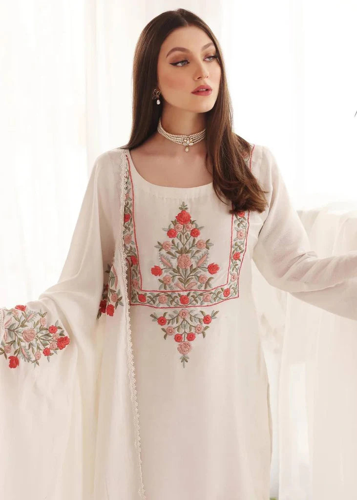 White Faux Georgette Embroidery Work Top Bottom With Dupatta Set