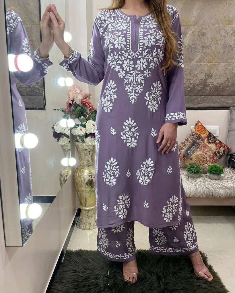 Rayon Cotton Chikankari Kurta With Palazzo