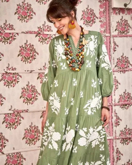 Olive Green Rayon Cotton Chikankari Long Gown