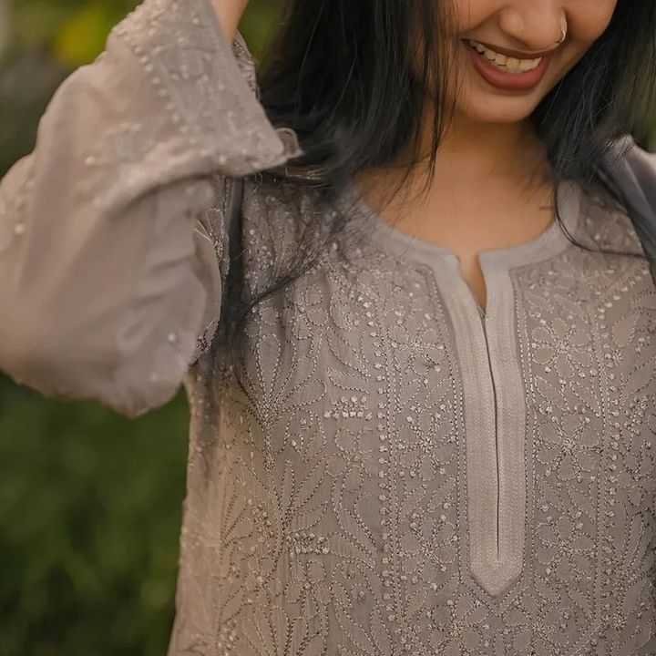 Gray Viscose Georgette Chikankari Kurta With Palazzo And Dupatta