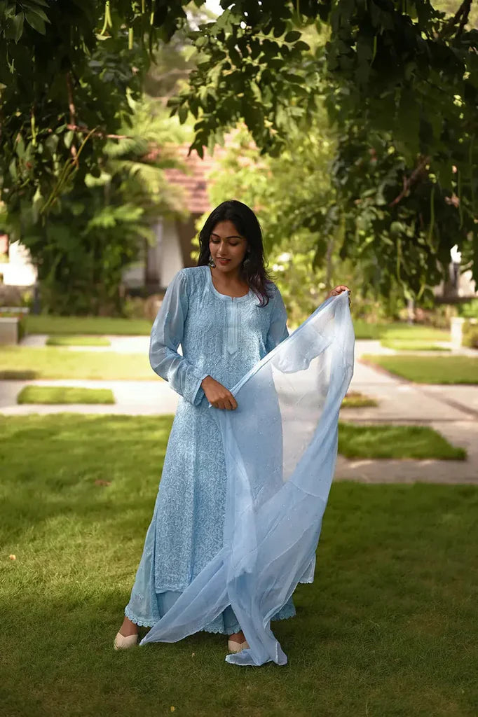 Sky Blue Viscose Georgette Chikankari Kurta With Palazzo And Dupatta