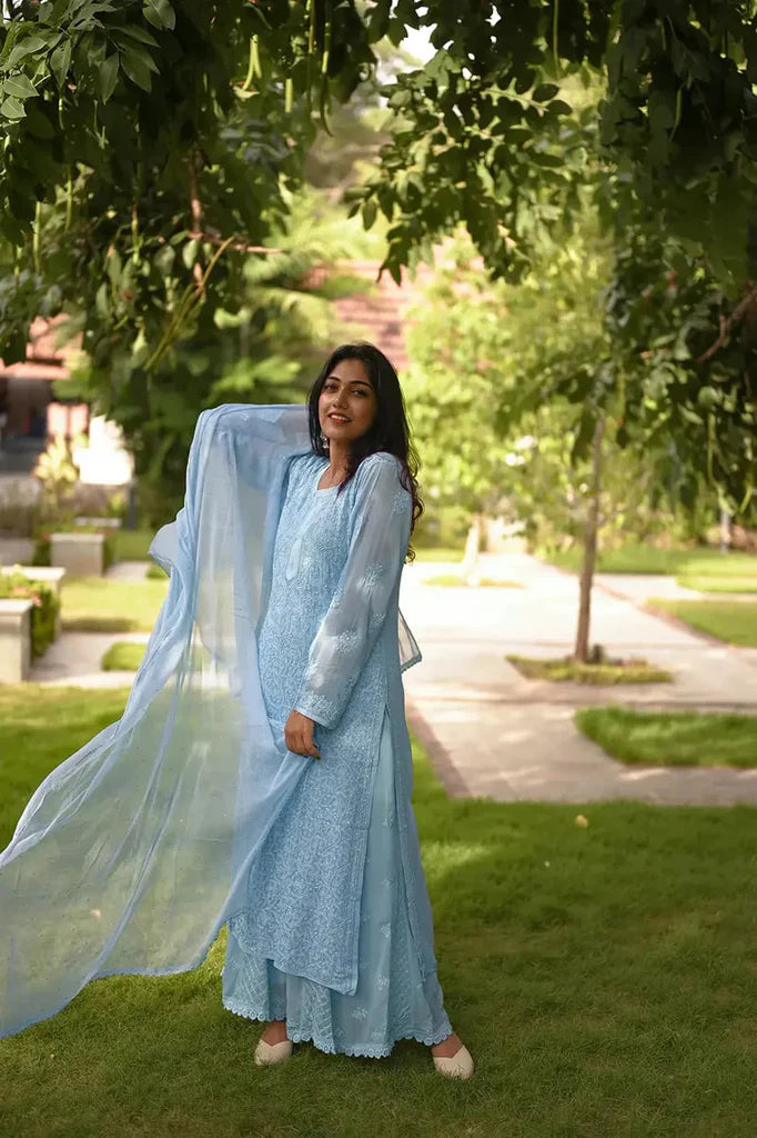 Sky Blue Viscose Georgette Chikankari Kurta With Palazzo And Dupatta