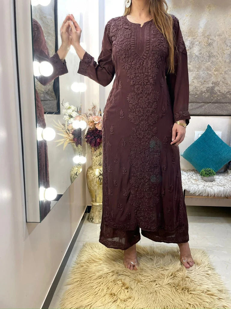 Chocolate Georgette Chikankari Kurta With Palazzo Set