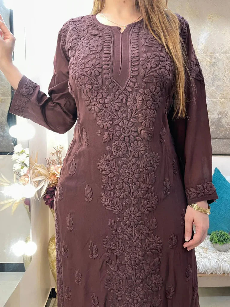 Chocolate Georgette Chikankari Kurta With Palazzo Set