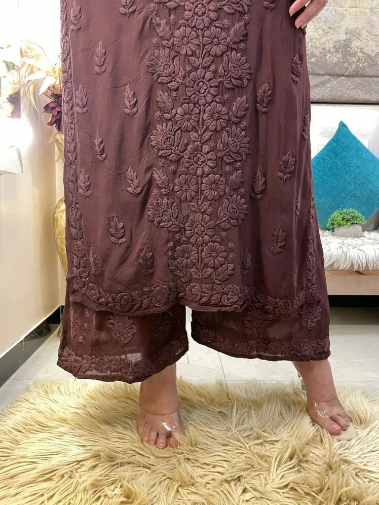 Chocolate Georgette Chikankari Kurta With Palazzo Set