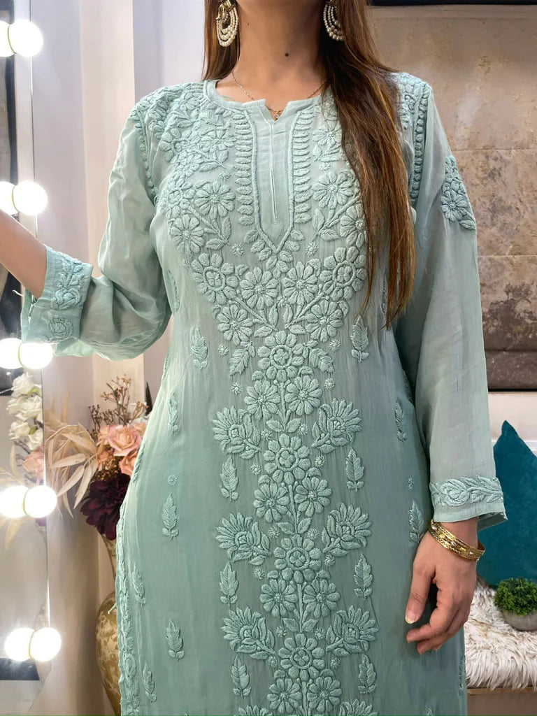 Sea Green Georgette Chikankari Kurta With Palazzo Set