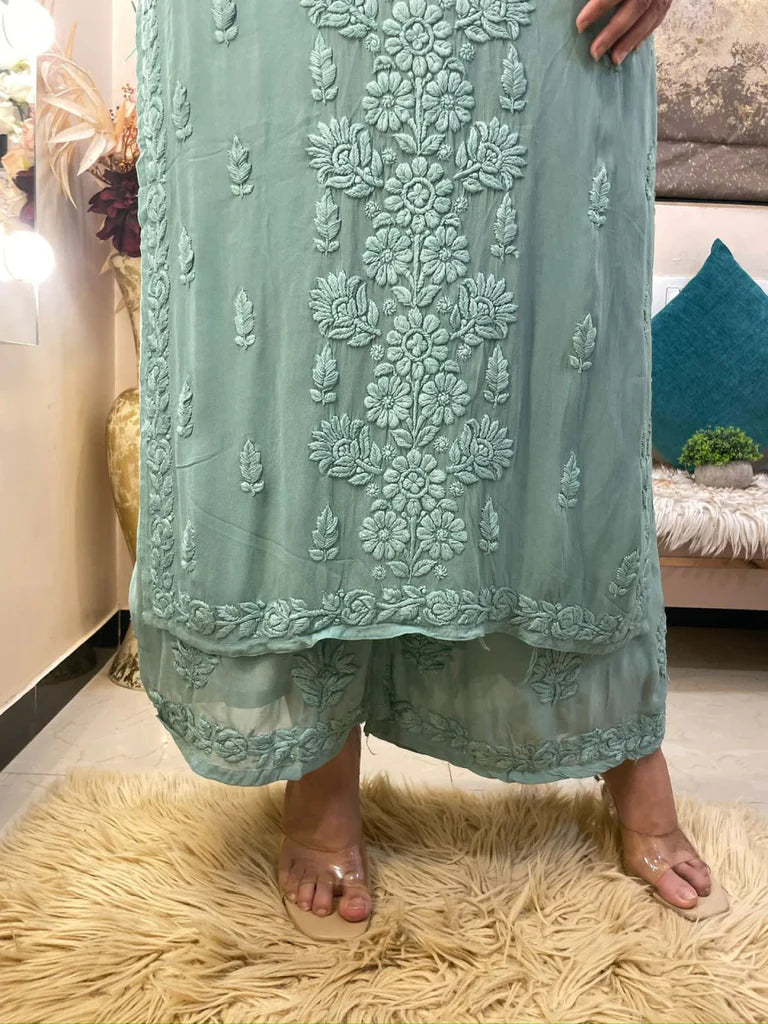 Sea Green Georgette Chikankari Kurta With Palazzo Set