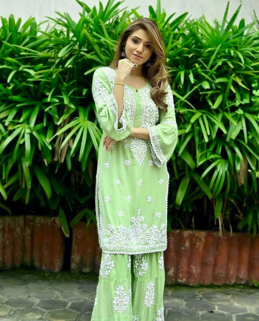 Pista Green Ryon Cotton Chikankari Embroidery Work Sharara Suit