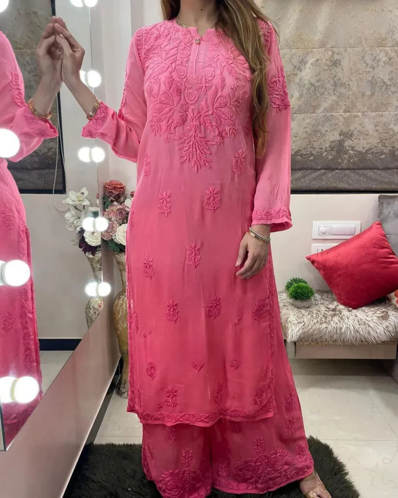 Gajri Viscose Georgette Chikankari Kurta With Palazzo