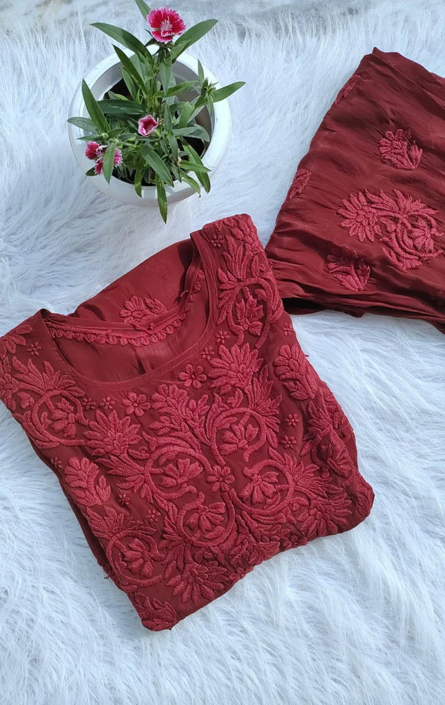 Maroon Premium Silk Afghani Chikankari Tunic Set