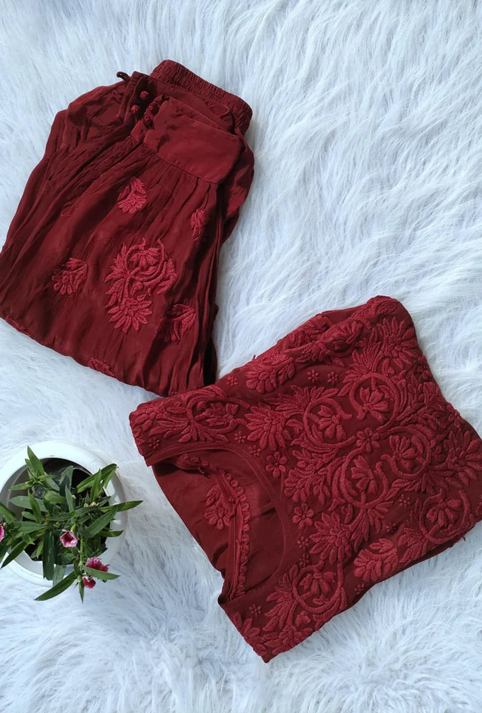 Maroon Premium Silk Afghani Chikankari Tunic Set