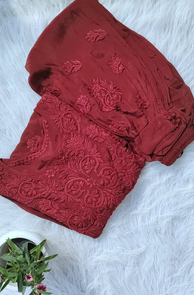 Maroon Premium Silk Afghani Chikankari Tunic Set