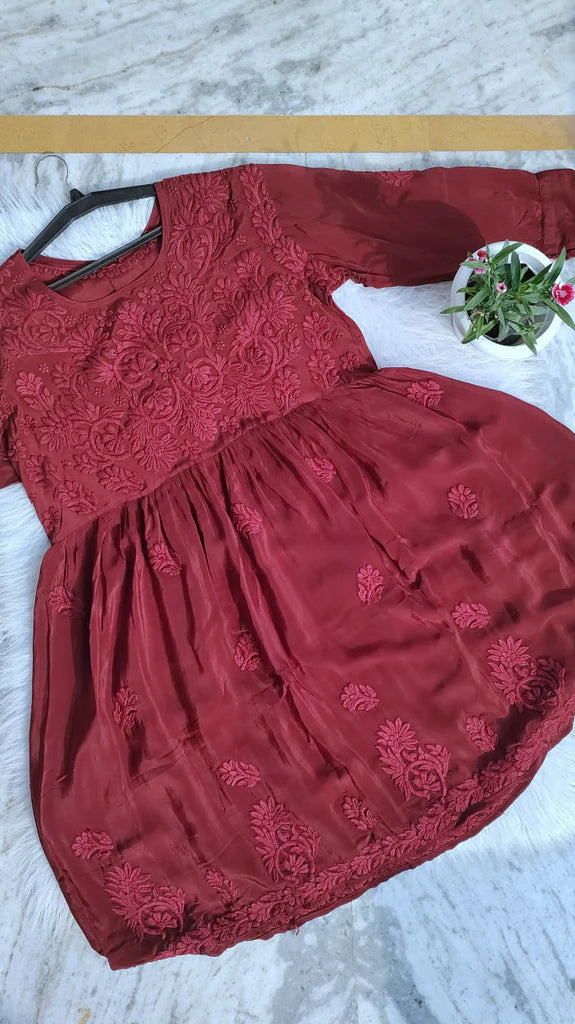 Maroon Premium Silk Afghani Chikankari Tunic Set