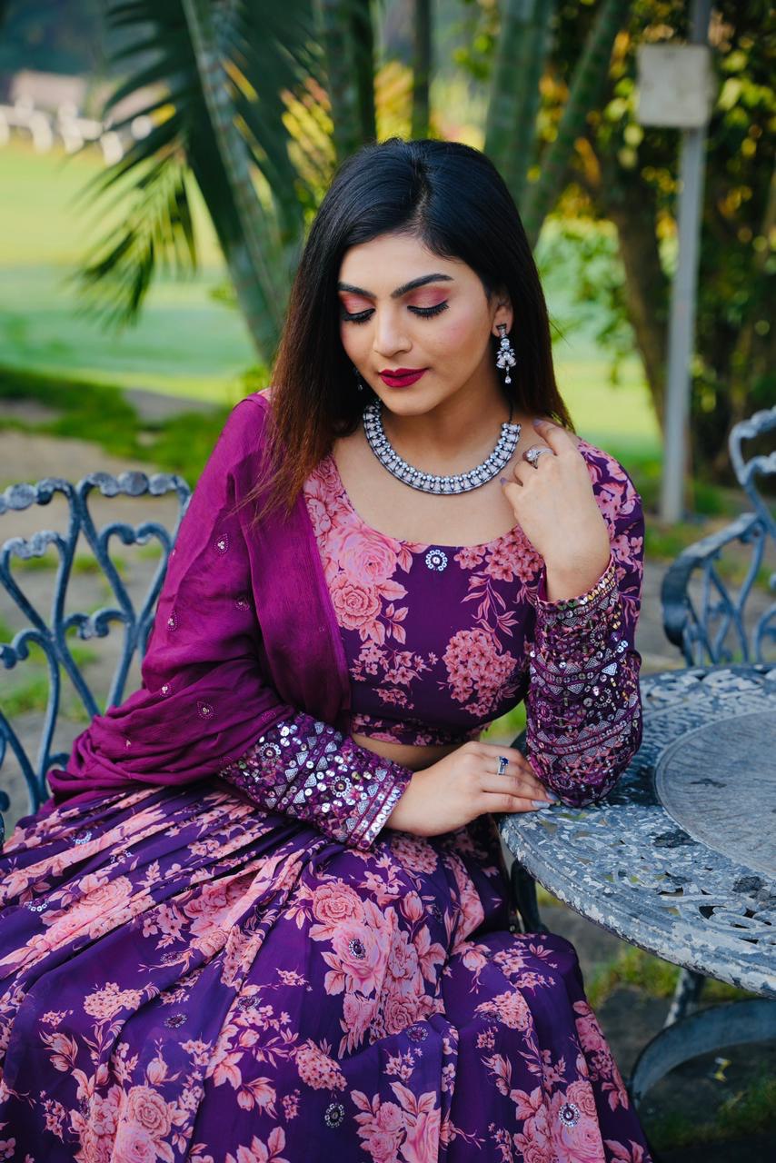 Floral Print with Sequin Work Wine Color Lehenga Choli