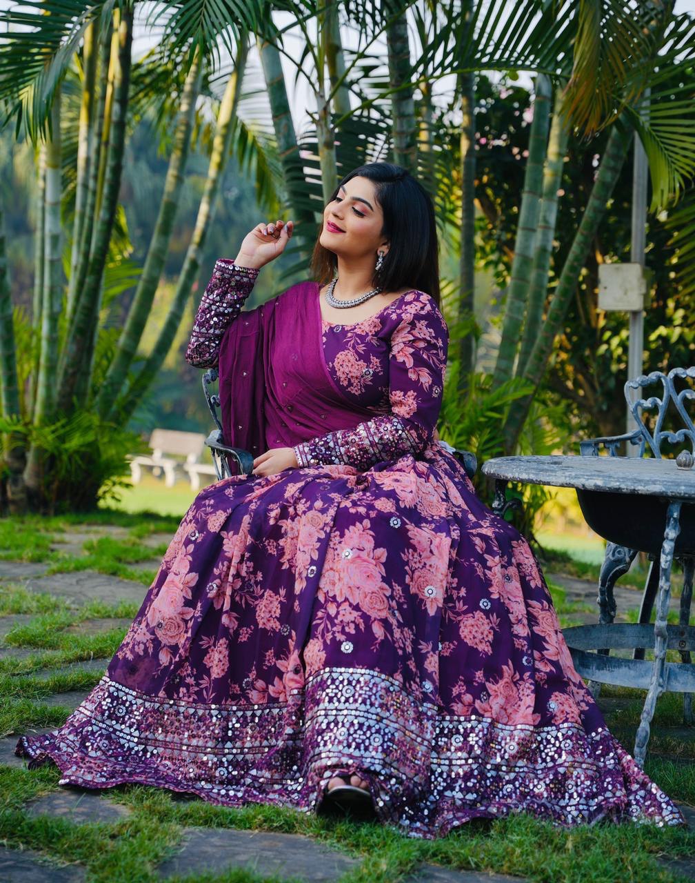 Floral Print with Sequin Work Wine Color Lehenga Choli
