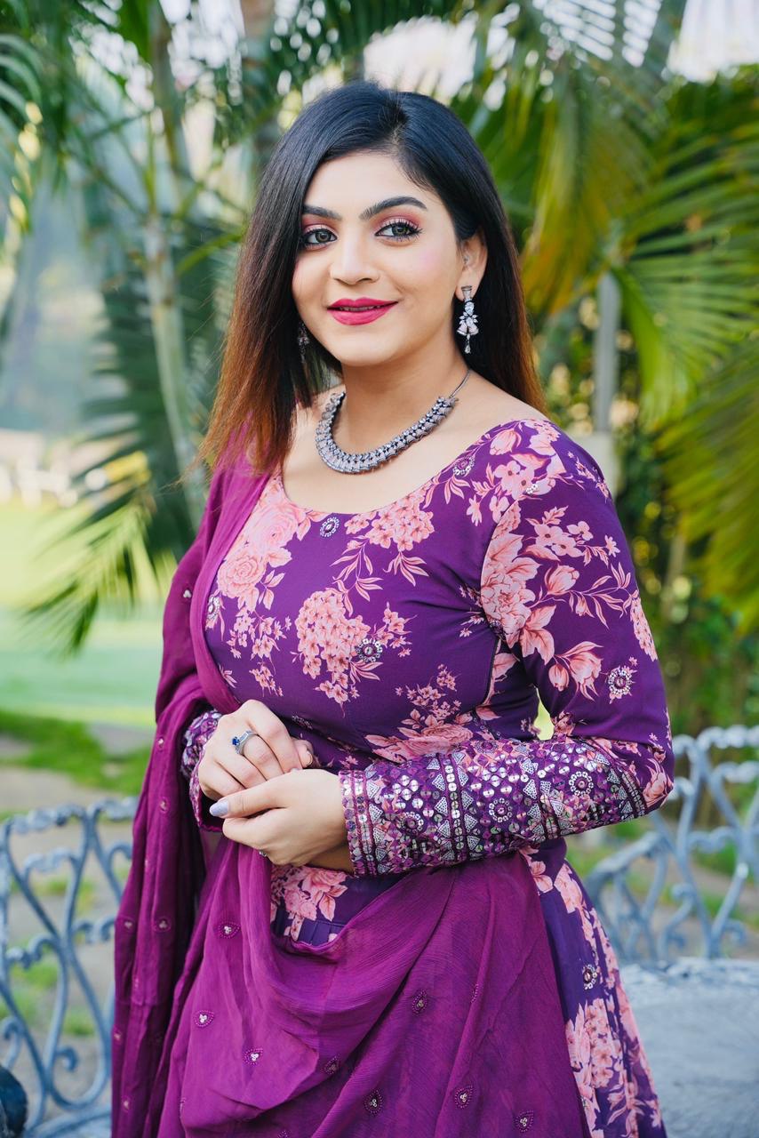 Floral Print with Sequin Work Wine Color Lehenga Choli