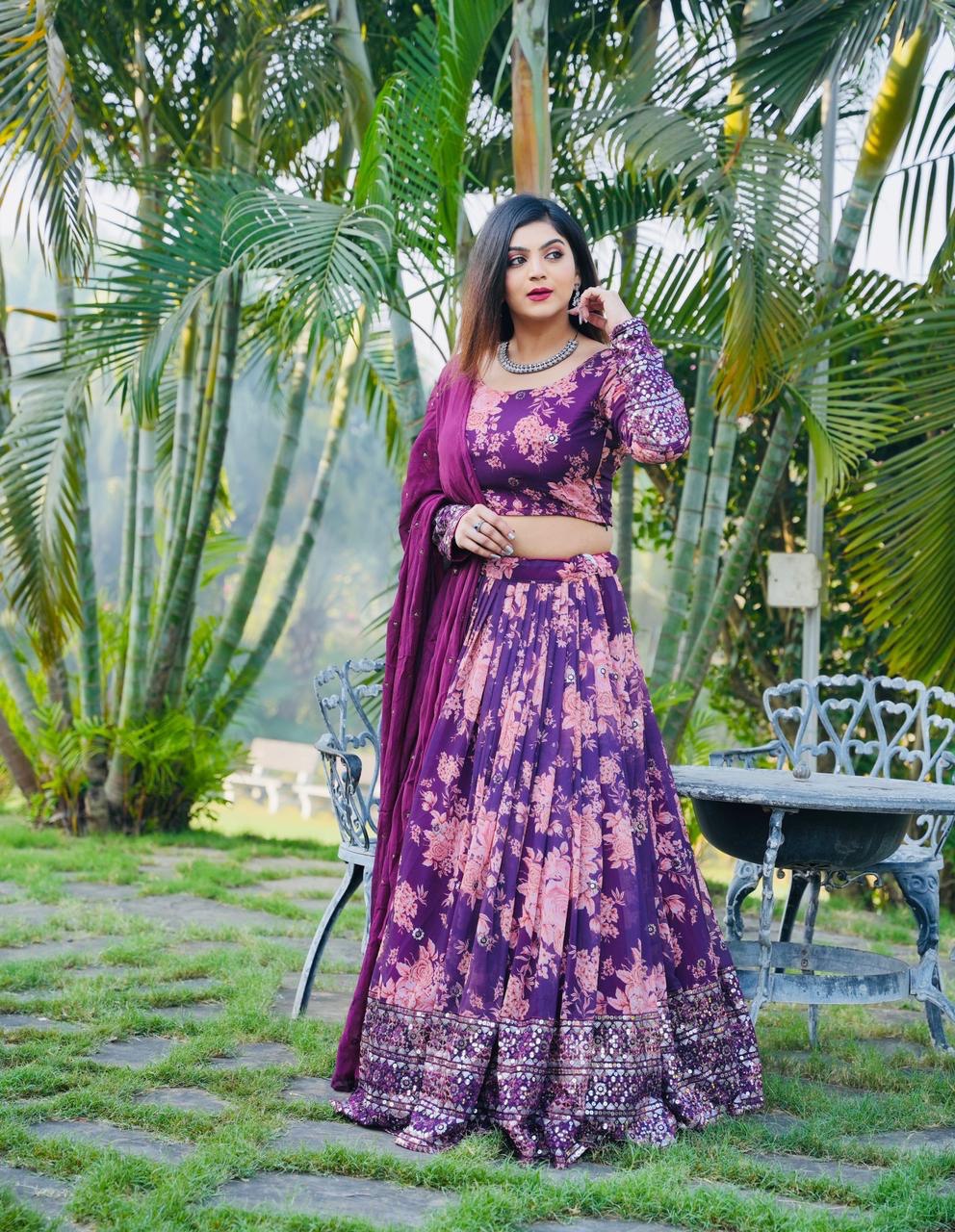 Floral Print with Sequin Work Wine Color Lehenga Choli