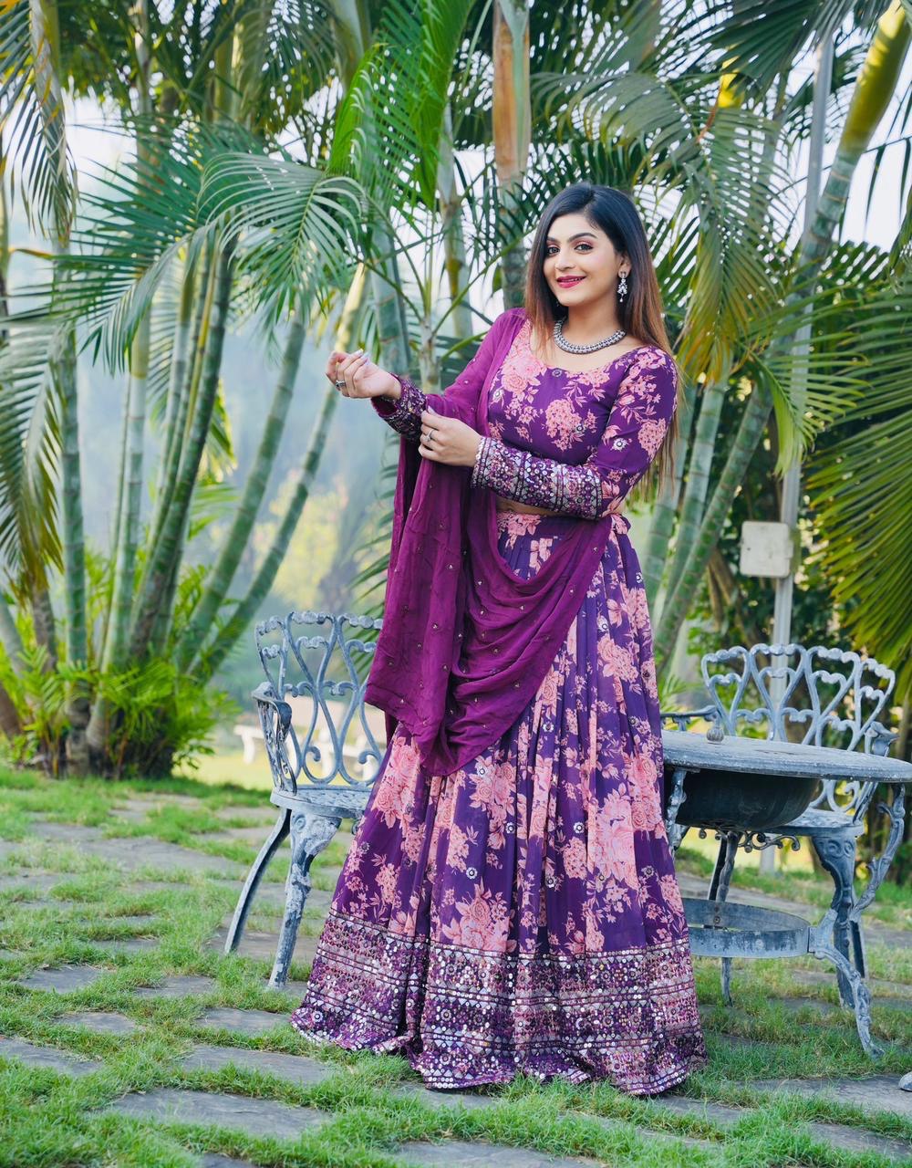 Floral Print with Sequin Work Wine Color Lehenga Choli