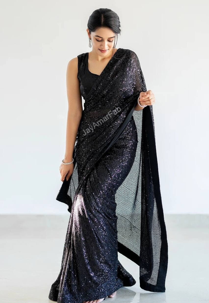 Black Saree Georgette Fabric With Sequnce Work ,In Blouse Indian Festival ,Bollywood Saree,Traditional Saree,Indian Outfits